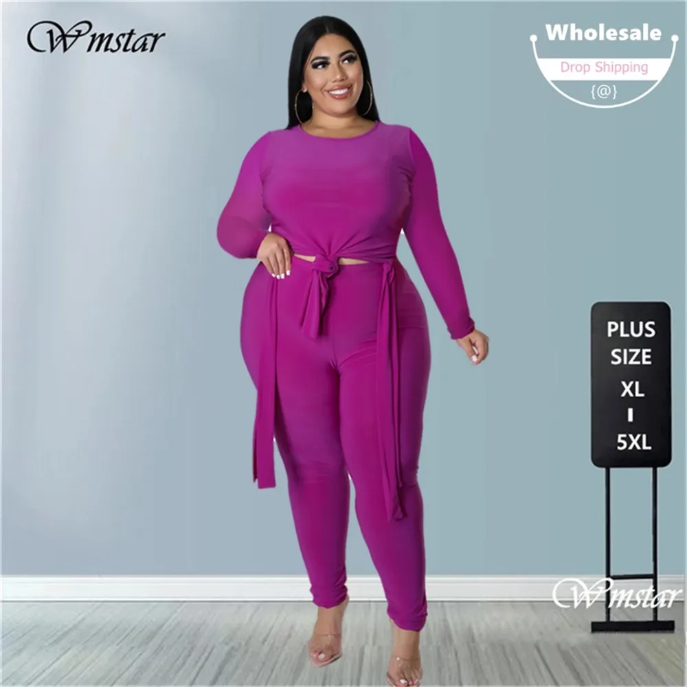 

Wmstar Plus Size Two Piece Outfits Women Fall Clothing Solid Bandage Top Slip Hem Leggings Matching Set Wholesale Dropshipping