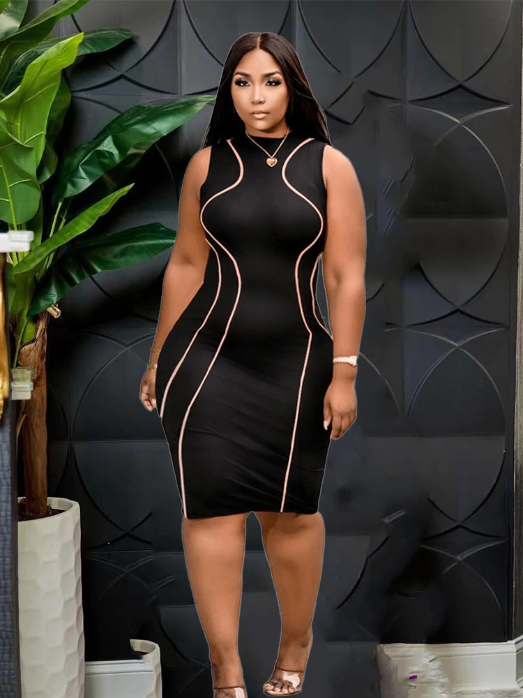 

Plus Size Dresses Woman Fashion Dress Summer Ladies O-neck Sleeveless Sexy Black Tight Dress Wholesale Bulk Dropshipping