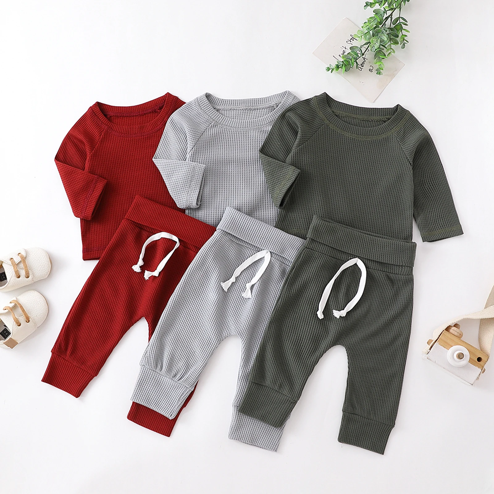 

SUNSIOM Baby Boys Girls Autumn Outfit Solid Color Waffle Long Sleeve Round Collar Tops + Flanging Waistband Long Pants 2Pcs