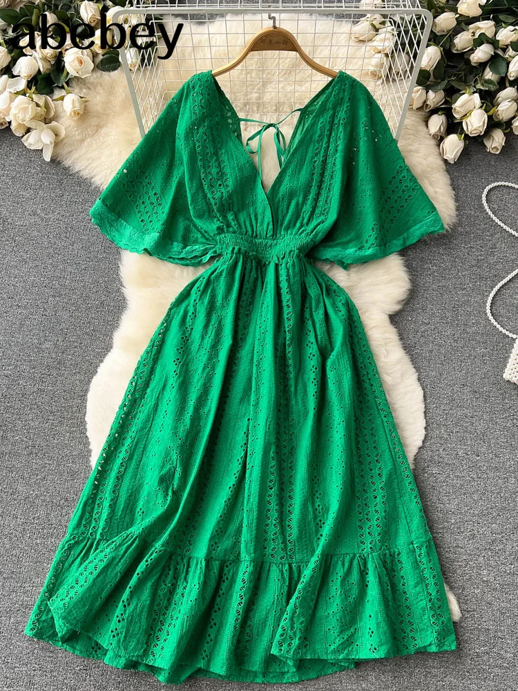 

Green Deep V Neck 2022 Summer New Lace Embroidery Dress Women Short Sleeves Dresses Female Vintage Party Beach Maxi Long Dresses