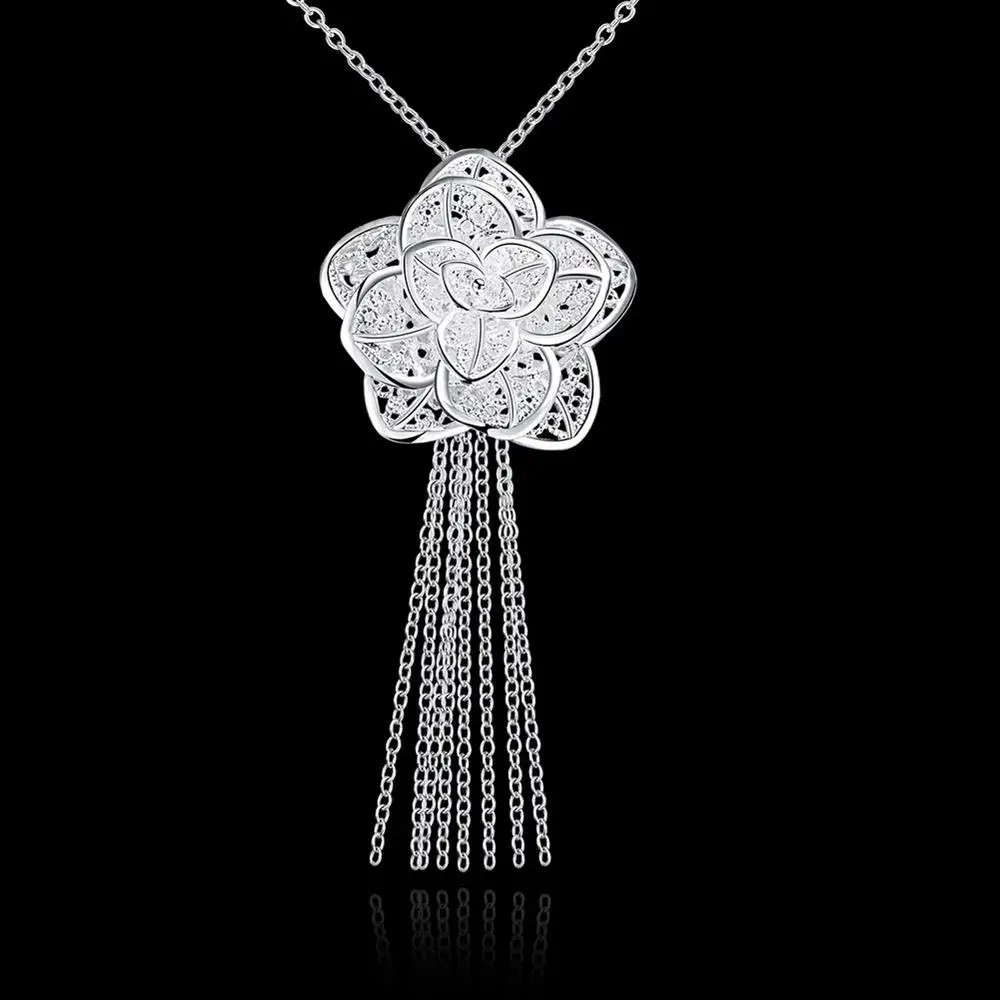 

New 925 Stamp Silver color Retro beautiful flowers Pendant Necklace For Women 18 inch Christmas gift luxur party wedding Jewelry