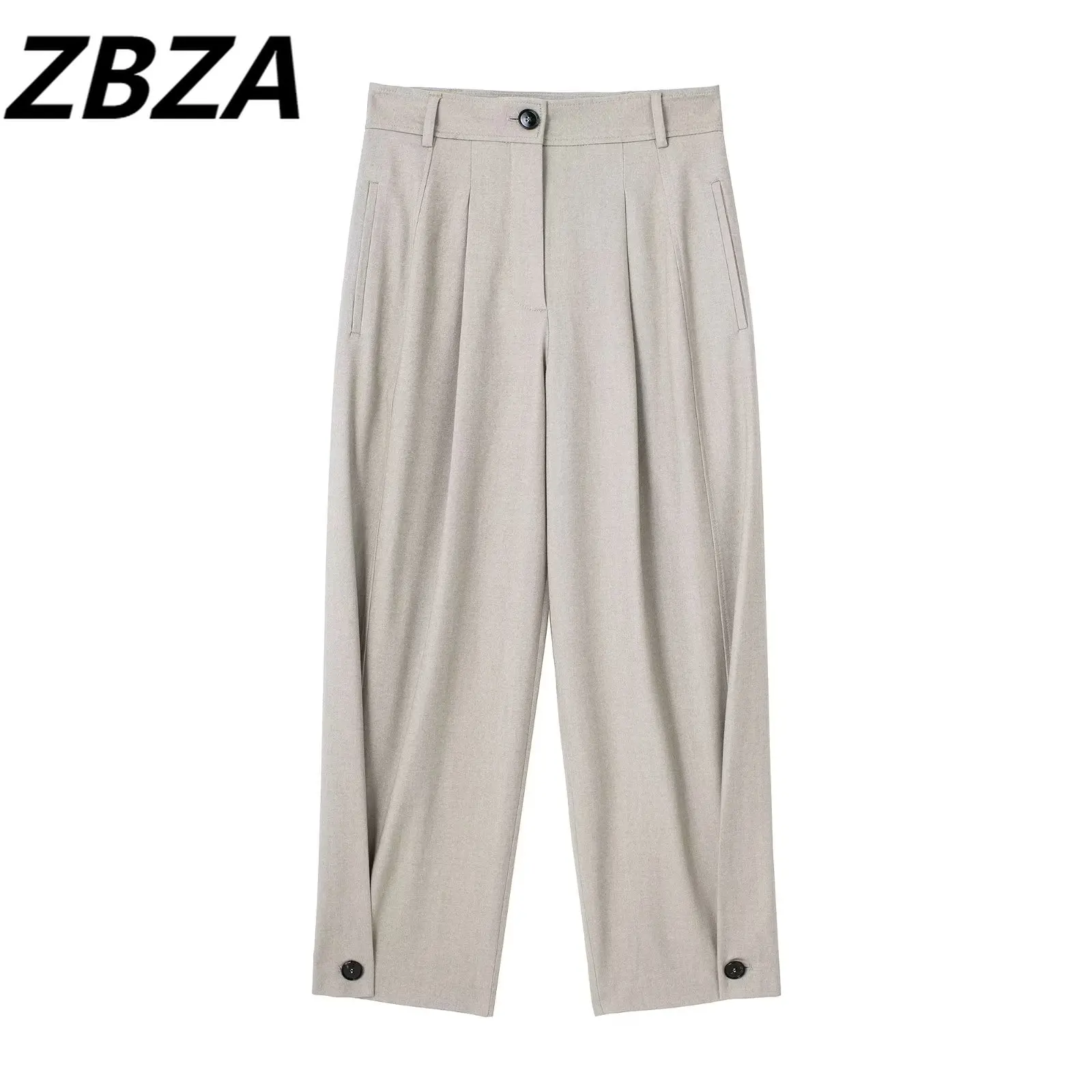 

ZBZA Women 2023 spring New Fashion fold design Retract your legs Pants Vintage High Waist Zipper Fly Female Trousers Mujer