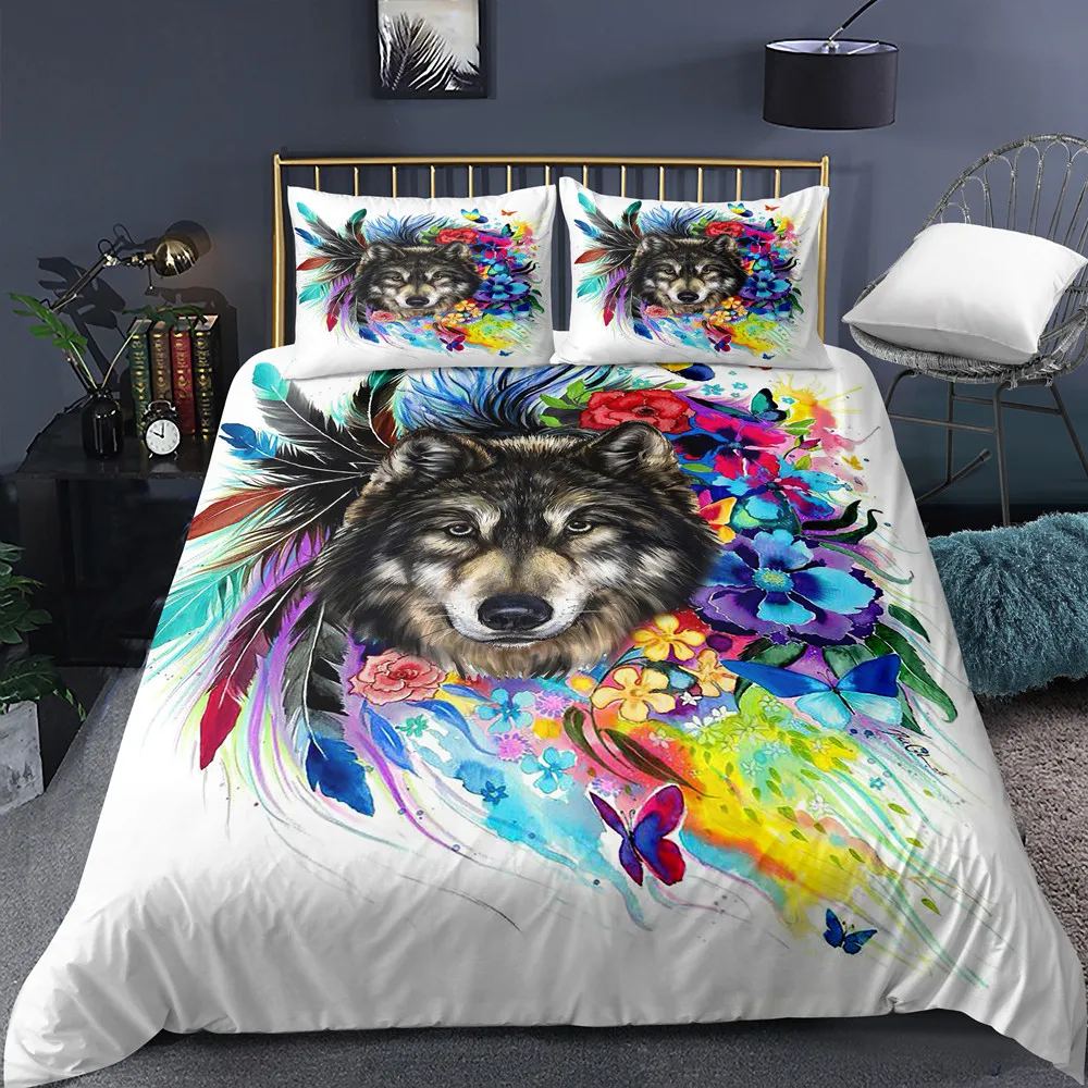 

3D Wolf BeddingSet Butterfly Duvet Cover Colorful Feather Bed Set Comforter Set Dazzling Bed Set US/UK/AU Size Queen Bedding Set