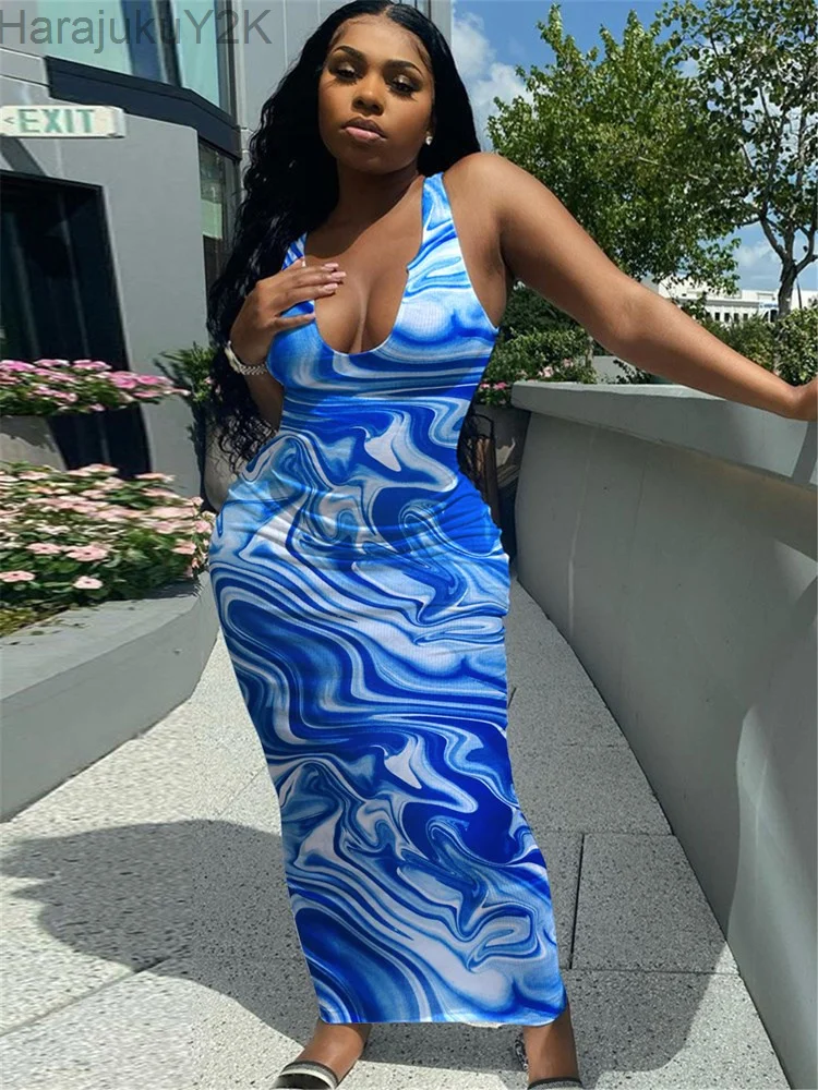 

Tie Dye Summer Maxi Sexy Dresses For Women 2022 Outfits White Black Brown Bodycon Long Dress Sundress Casual Knit Dress