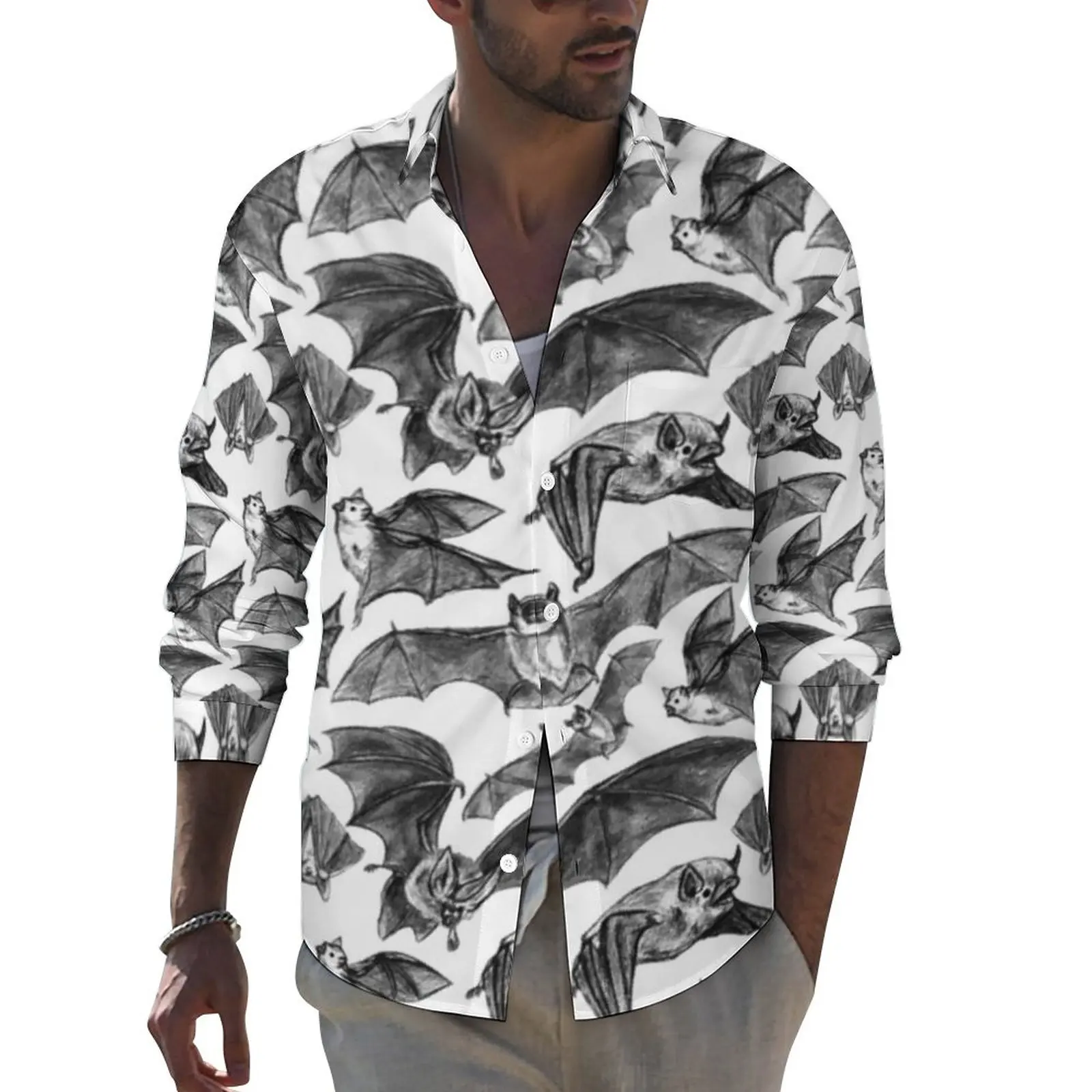 

Bat Pattern Shirt Spooky Flying Bats Casual Shirts Long Sleeve Custom Streetwear Blouses Spring Retro Oversized Tops