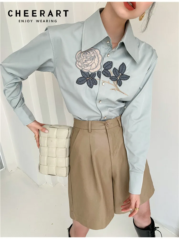 

CHEERART Floral Embroidered Button Up Shirt Long Sleeve Top And Blouse Mint Green Collar Shirt Women Korean Fashion Clothing