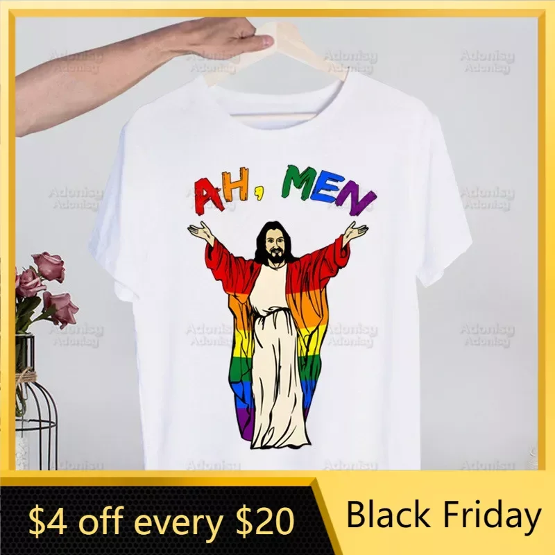 

Jesus Funny LGBT Rainbow Pride T Shirts O-Neck Short Sleeve Regular Mens Height Quality Lesbians Gay Bisexuals Tee Shirt