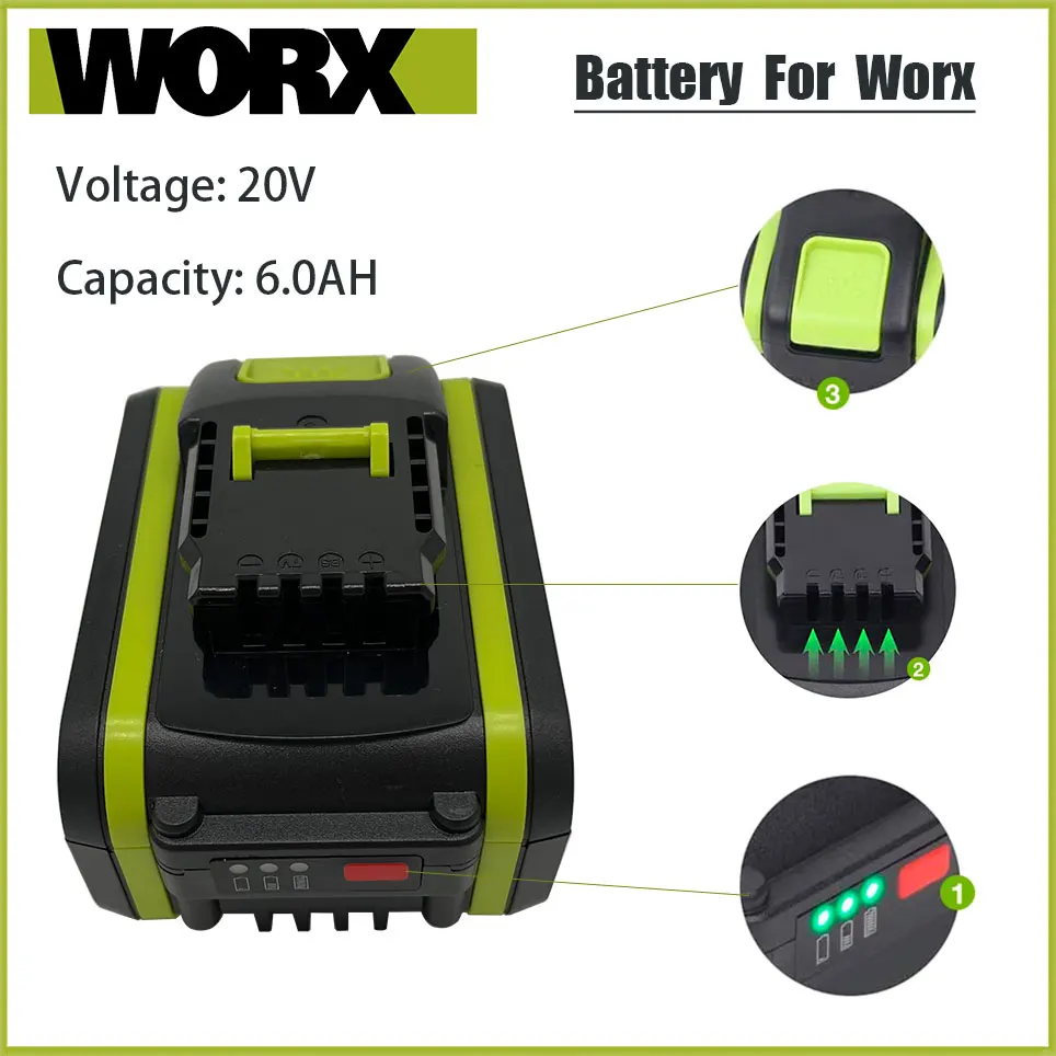 

6.0Ah 20V Lithium ion Replacement Rechargeable Battery for Worx WA3551 WA3553 WX390 WX176 WX550 WX386 WX373 WX290 WX800 WU268