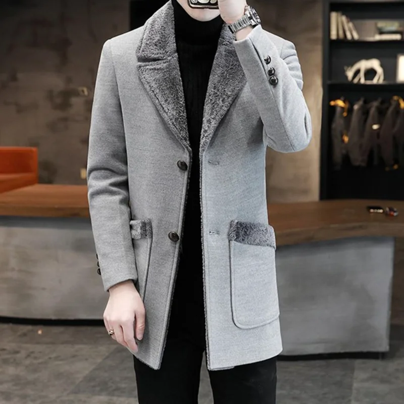 

Autumn Winter Men's Business Casual Coats Classic Velvet Warm Woolen Slim Solid Color Windbreaker Long Jackets for Men Chaquetas