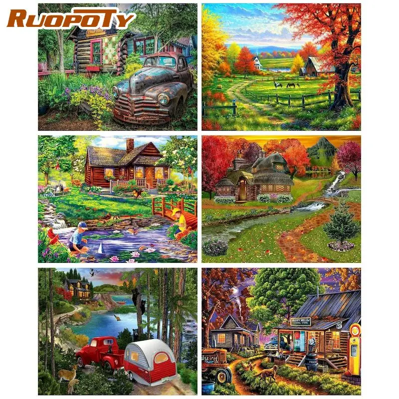 

RUOPOTY Coloring By Numbers Road Landscape Acrylic Drawing Canvas Picture Wall Art DIY Oil Painting Home Decor Gift