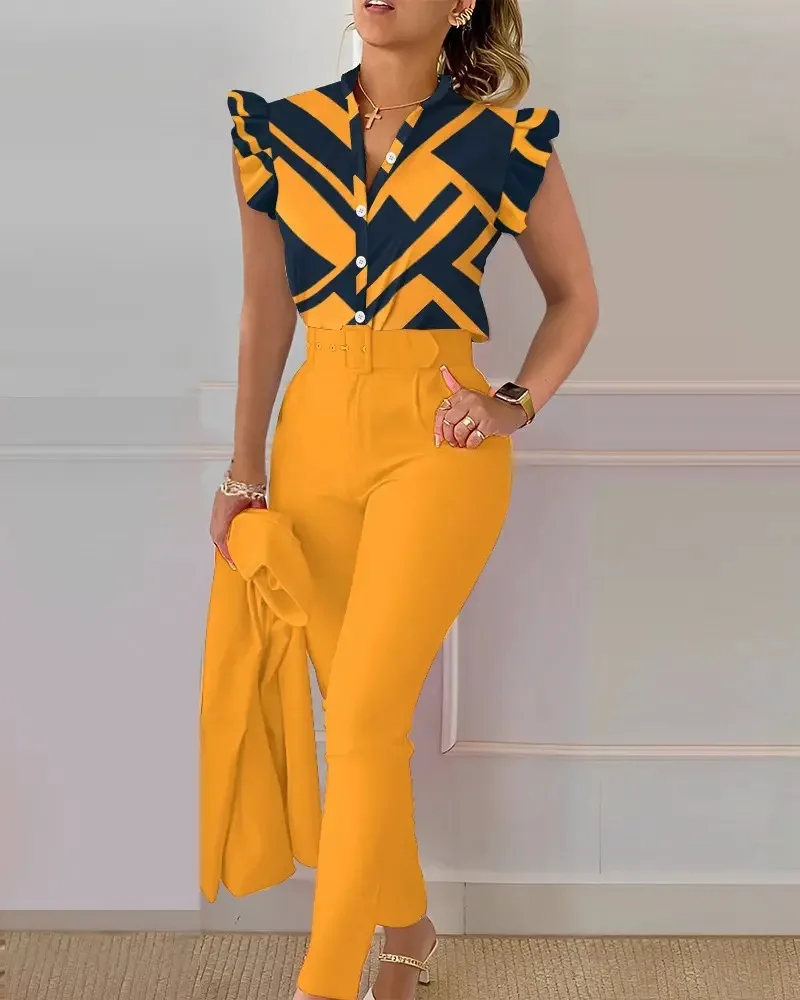 

Женский брючный костюм с цветочным принтом, повседневный офисный костюм из двух предметов, рубашка с высокой талией и V-образным вырезом без...