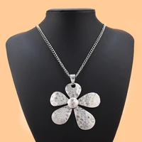 fashion large tibetan silver metal five petals flower charms pendants necklaces on long link chain lagenlook 34