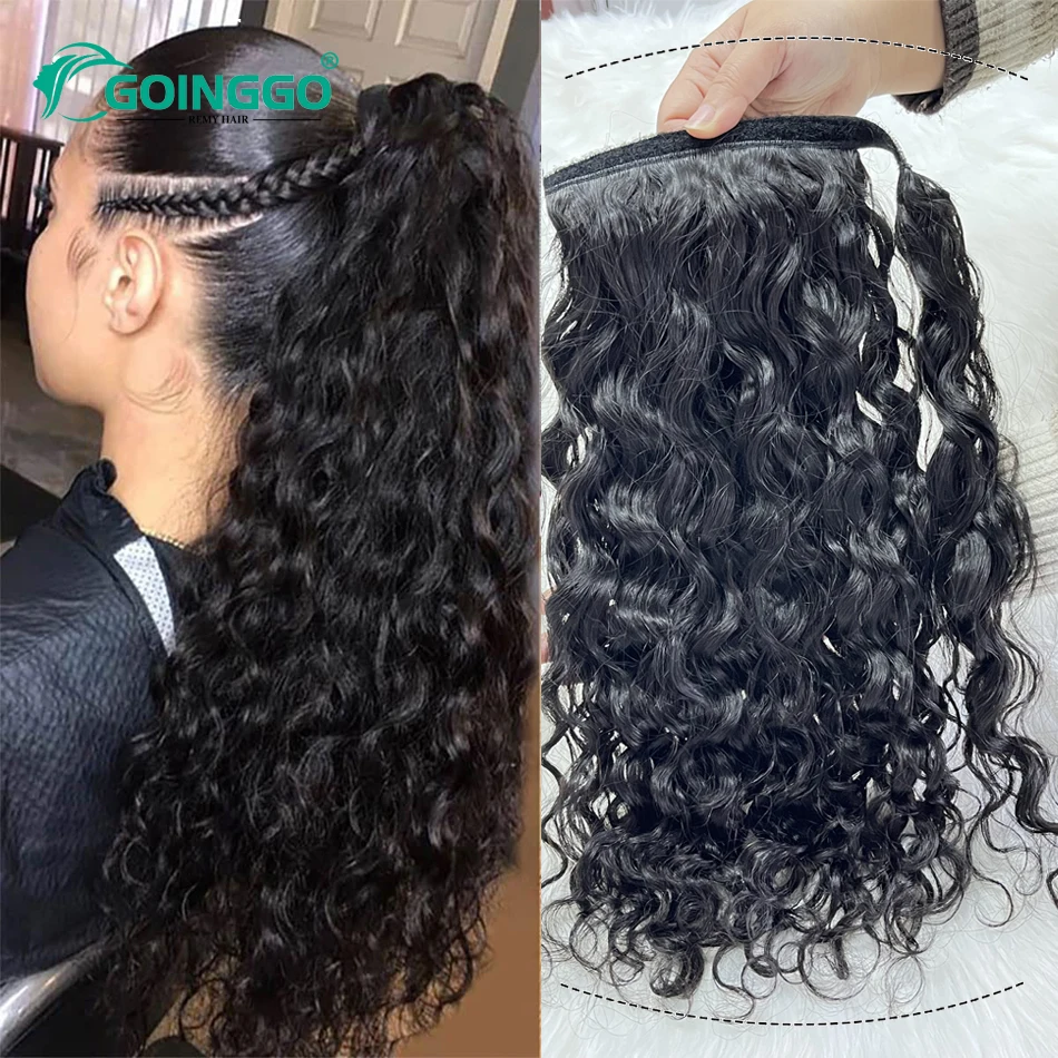 Natural Wavy Wrap Around Clip In Ponytail Extension Ocean Wave Ponytail Human Hair Wrap Around Horsetail Natural Black 140/160g