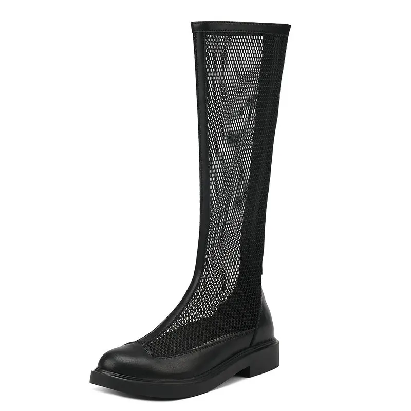

Fashion Summer Mesh Knee High Boots Women Pumps Genuine Leather Zipper Splicing Sandals Thick Low Heels Shoes Woman