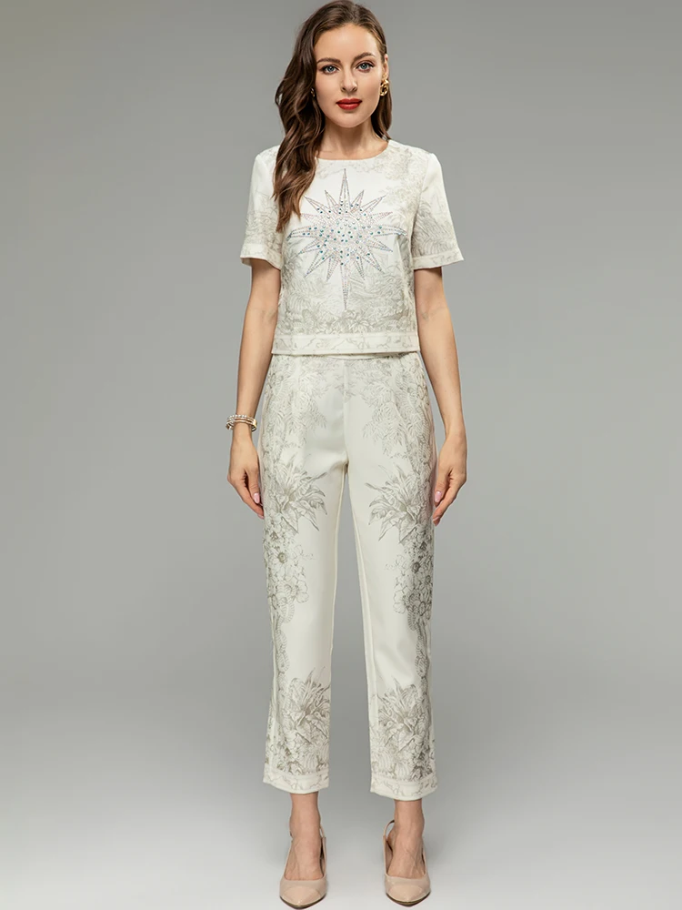 

MoaaYina/весенне-летний модный Дизайнерский Костюм с брюками-карандаш, женские футболки с кристаллами, топ + узкие брюки, комплект из 2 предметов с цветочным принтом