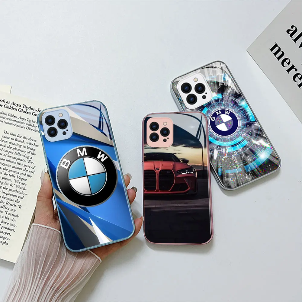 

Luxury Car Brand BMW Metallic-Color Phone Case For iPhone 14 13 12 Mini 11 Pro Max X XS XR 7 8 SE 2020 Plus Glass Hard Cover