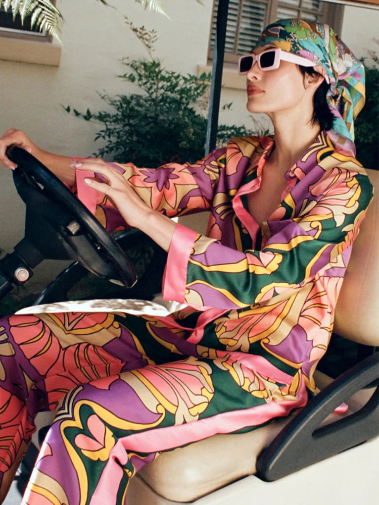 Loose Satin Sleepwear for Women Fashion Print Vintage Pajamas Set 2 Pcs Long Sleeve Pants Female Homewear Chic Summer Suit