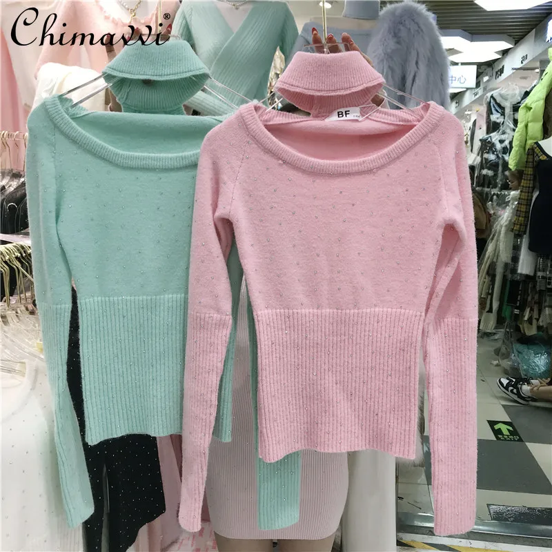 

Women's Halter Slimming Off-shoulder Pullover Sweater 2022 Winter Ladies Fashion Embroidery Hot Drilling Long Sleeve Knitted Top