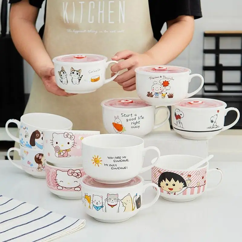 

Милая керамическая миска для лапши Sanrio Hellokitty с крышкой миска для лапши быстрого приготовления супа Студенческая посуда для микроволновой п...