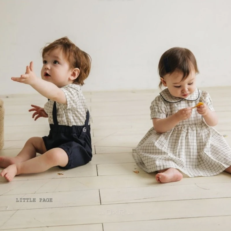 

2023 Spain Baby Boy Clothes Set Summer Newborns Bodysuit Babi Girl Plaid Dress Kids Cotton Matching Girls Brother Sister Clothin