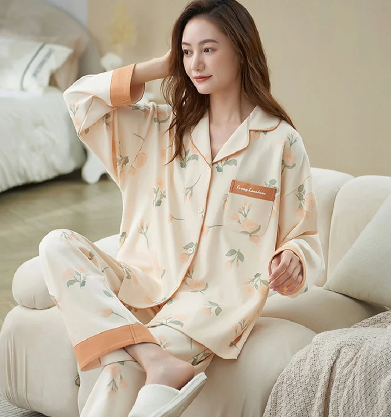 Pajamas Long-Sleeved Female Temperament Spring And Autumn Lapel Cotton Women's Pajamas Cardigan Sweet Thickened Home Pajama Sets