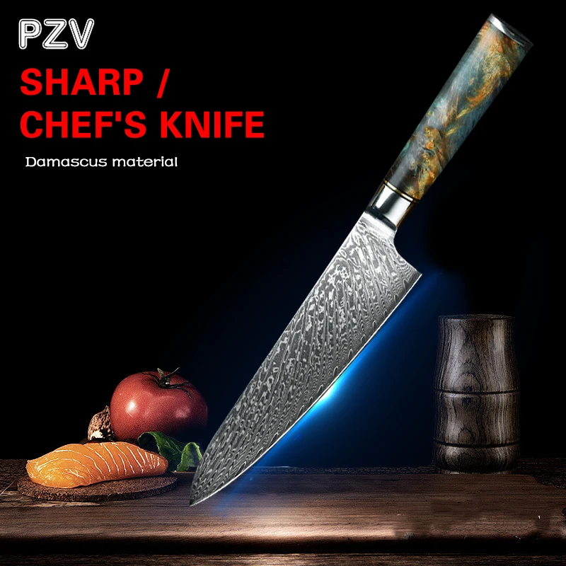 PZV Damascus Steel knife Set Kitchen Cooking Tools Chef Knife Japanese Santoku Boning knife Exquisite Shell Handle