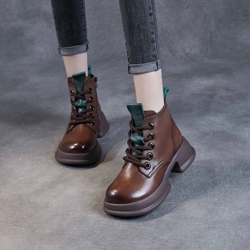 

Retro Leather Motorcycle Boots Shoes for Women Square High Heels Lace Up New Chunky Platform Shoes Female Botas Combat Plus Size