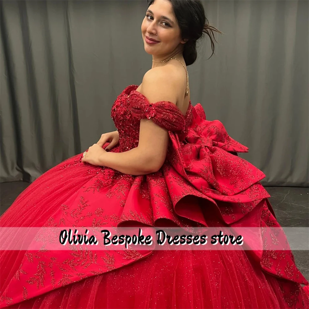 Fancy Red Bow Quinceanera Dresses 2025 For Birthday Party Beaded Lace Appliques Ball Gown vestido de 15 años quinceañera rojo