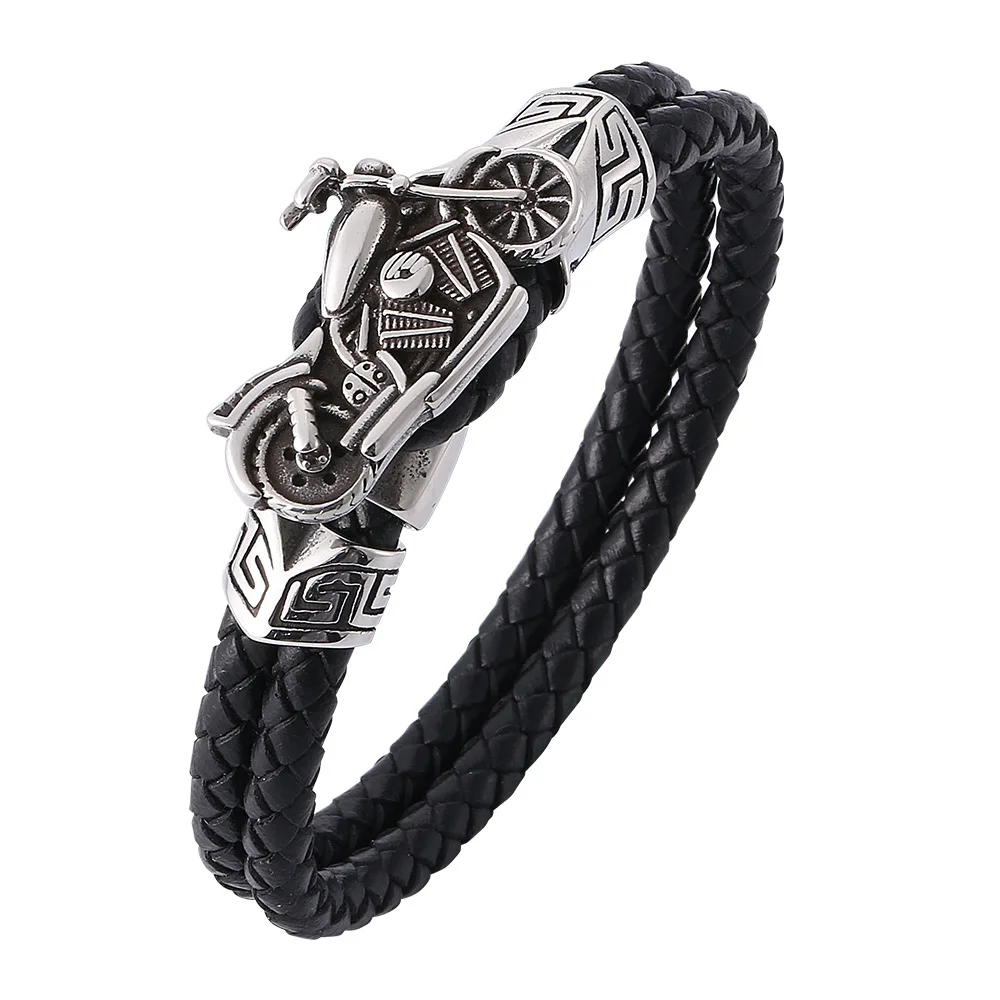 

Titanium Steel Motorcycle Double Leather Braided Bracelet Sailor Rope Stainless Steel Men's Bracelet Sports Bracelet Bangle Cuff