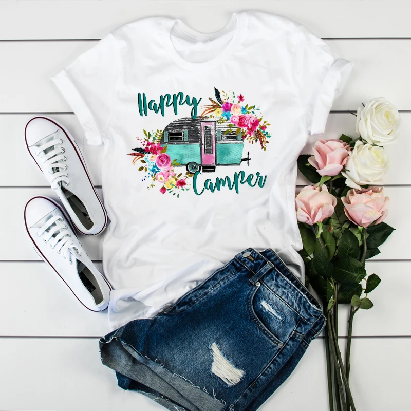 

Women Flower Happy Camper Vacay Holiday Fashion Ladies Womens Tops Trend Graphic Travel T-Shirt Tumblr T Shirt T-shirts