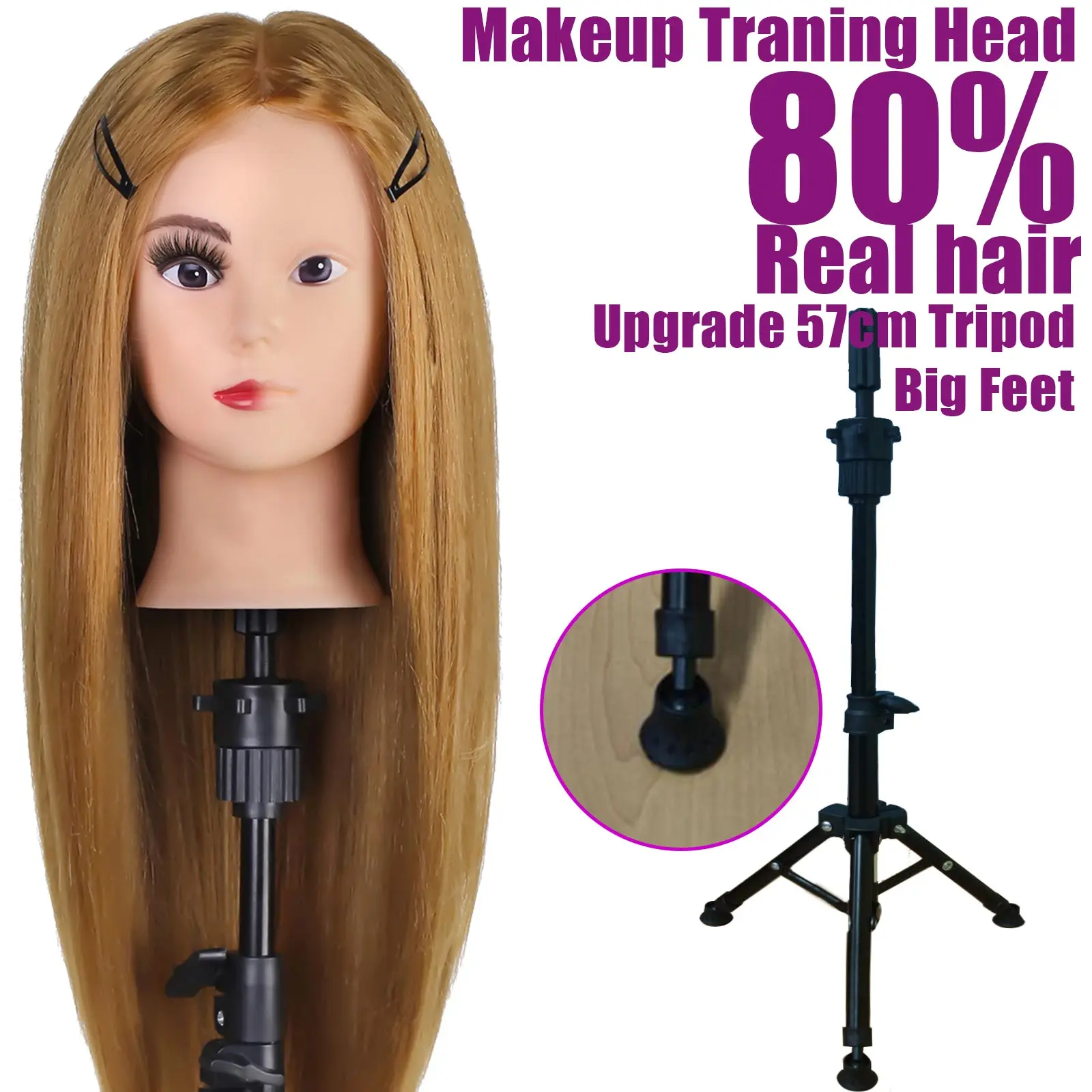 

Make-up Training Head Mannequin Head With Real Hair 80% Hairdressers Hair Styling Braiding Curling Makeup Hairdressing Doll 24"