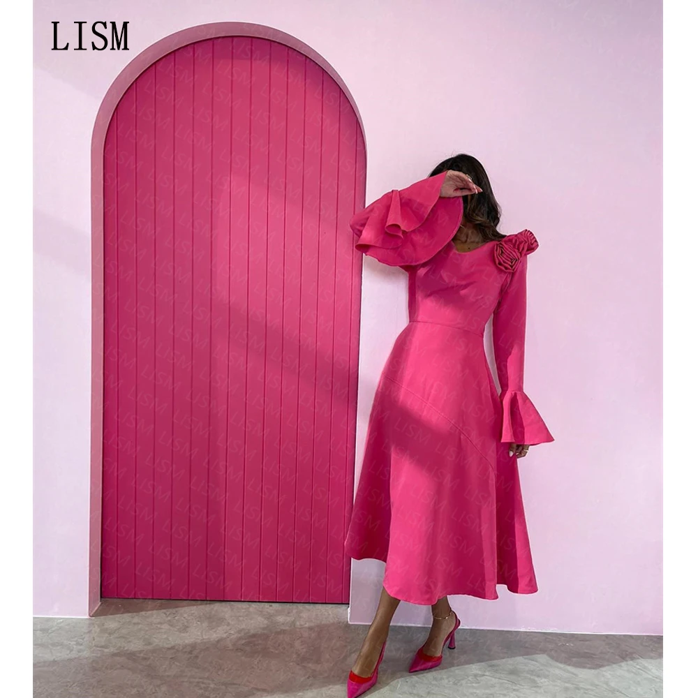 

LISM Pink Long Sleeves Flowers Formal Occasion Party Dresses Tea Length Saudi Arabic Women Prom Gowns A-line Homecoming Dress