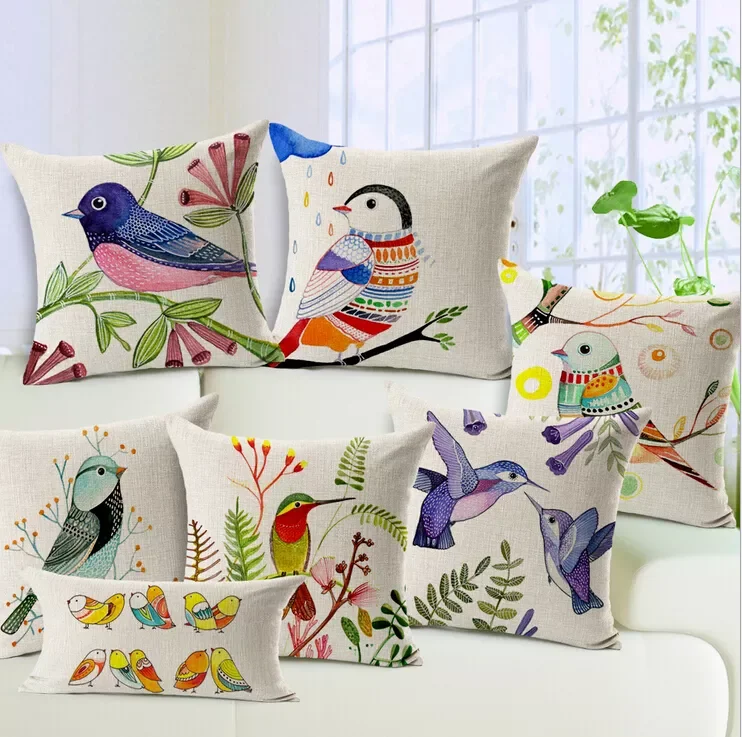 

birds decorative pillow Nordic painting linen cushion 45x45 colorful birds almofadas para sofa