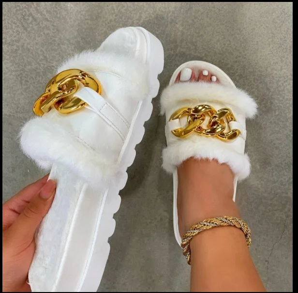2021 Winter Plush Slippers Fashion Open Toe Solid Color Women's Sandals Metal Chain Outdoor Casual Women's Shoes  Fashion Shoes