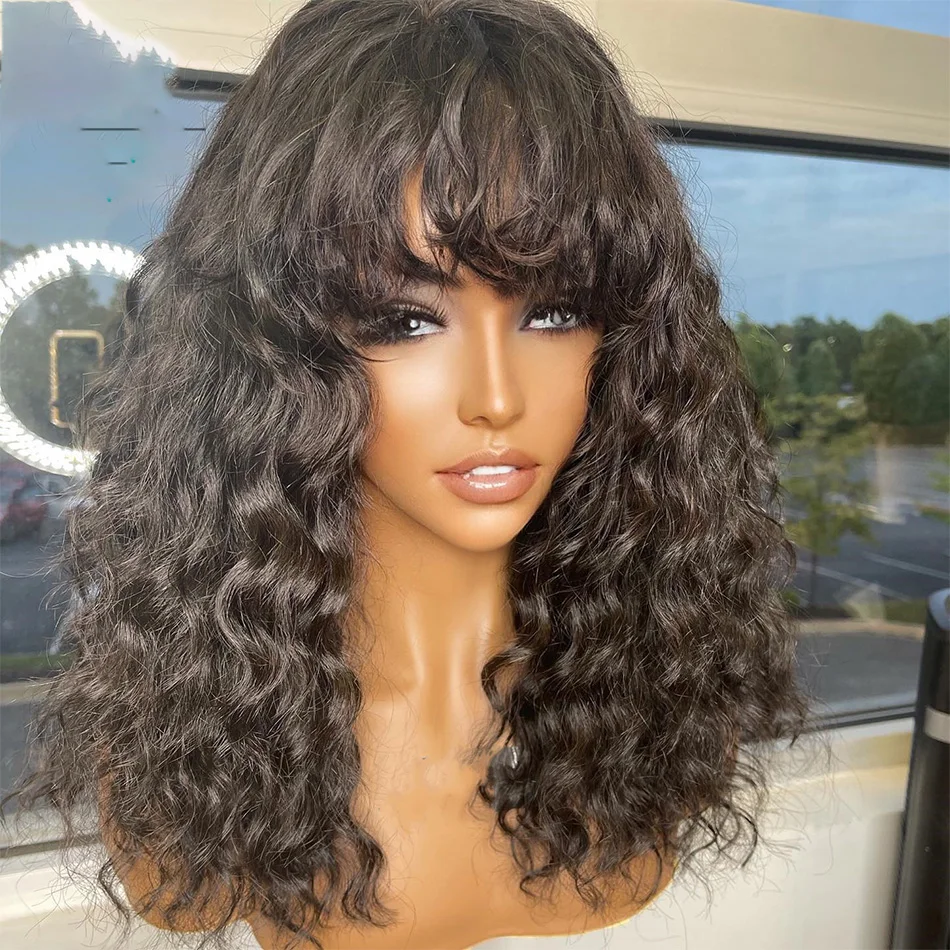 

Black 26 Inch Long Kinky Curly Wig With Bangs Synthetic Machine Wig For Women Heat Resistant Daily Wig