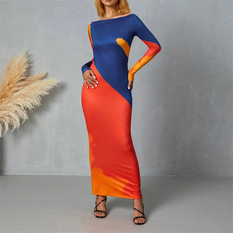 

hirigin Elegant Fashion Bodycon Dress Women Patchwork Long Sleeve Bandage Backless Skinny Vestidos Sexy Clubwear Autumn Spring