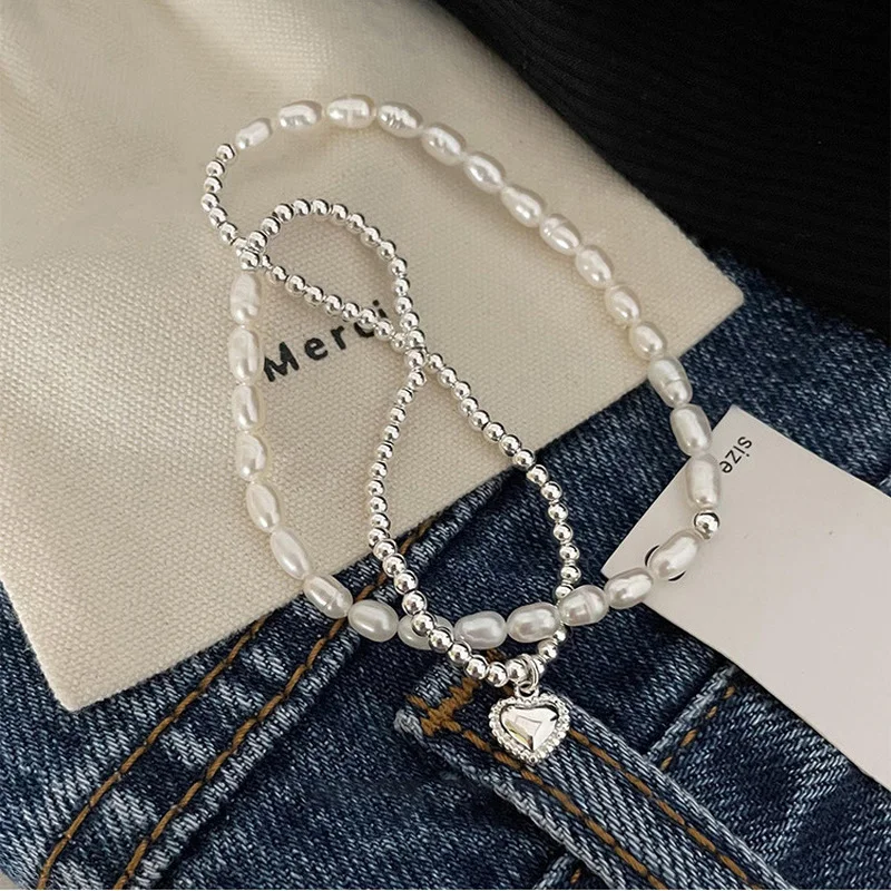 

ALLNEWME Minimalist Natural Freshwater Pearl Bracelets for Women Layers Silver Color Beads Chain Love Heart Charm Bracelet Gifts