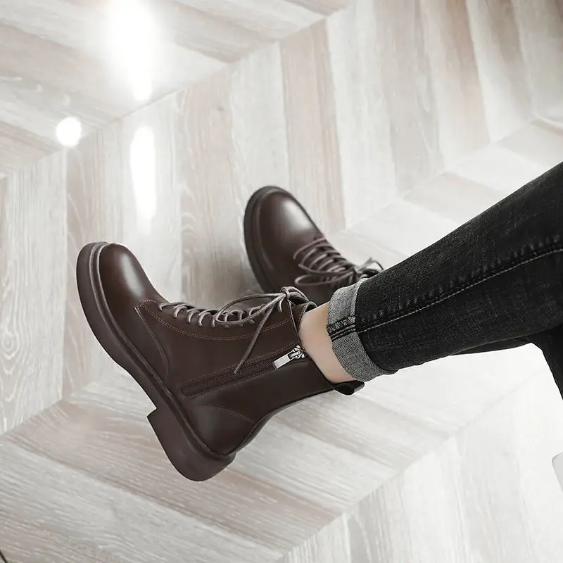 

Footwear with Laces Booties Punk Style Women's Ankle Boots Biker Brown Combat Short Shoes for Woman Lace-up Pu Free Shipping Hot