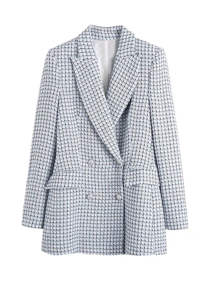 

DYLQFS Women Texture Plaid Blazer 2022 Spring New Casual Fashion Office Dress Ladies Elegant Jacket Coat