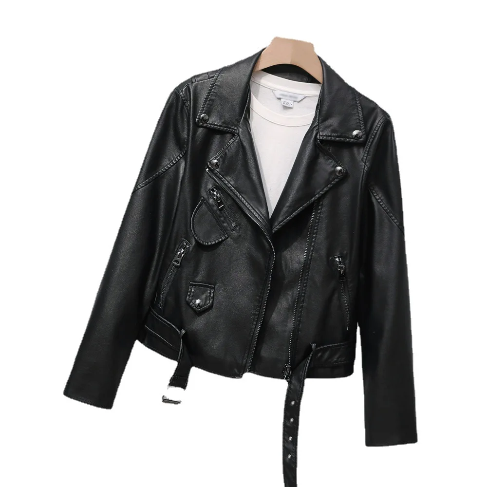 Heavy Industry zipper lapel belt women's leather jacket motorcycle suit slim short coat