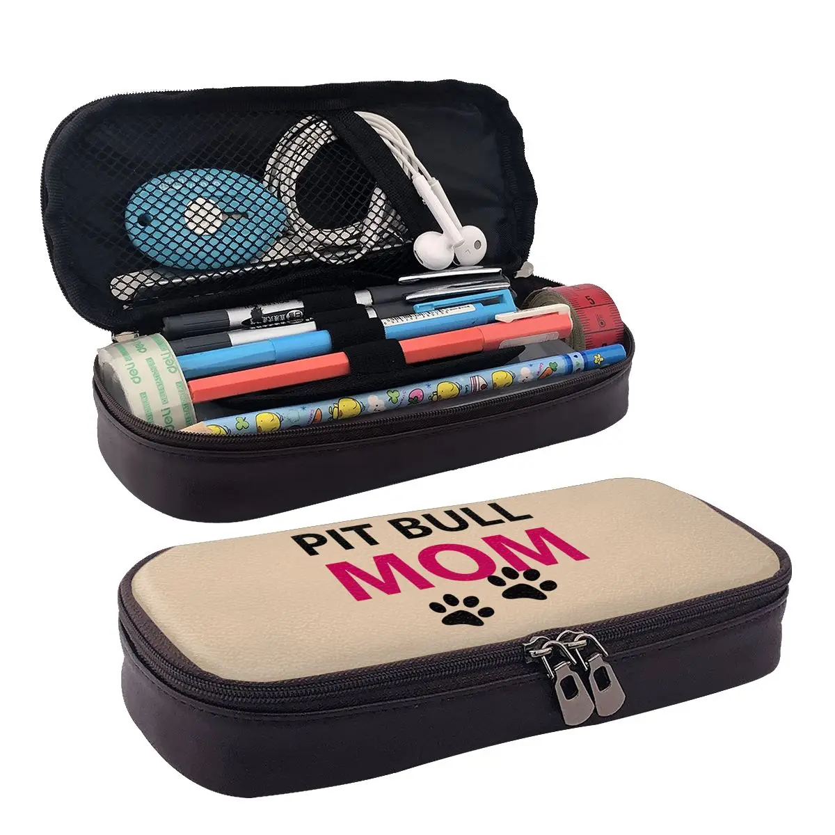 

Pit Bull Mom Leather Pencil Case Zipper Pencil Box Stationery Pen Pouch for Boys Girls School Students Work Office