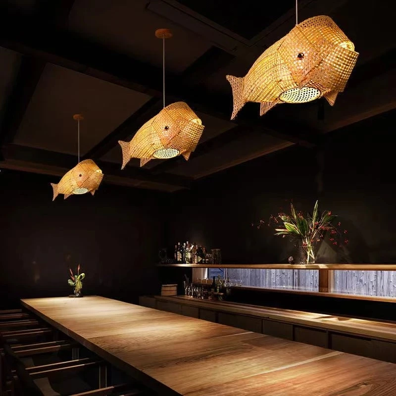 Modern Bamboo Fish Lamp Bamboo Shed Wooden Candlestick Foyer Garden Restaurant And Living Room Lighting Chandelier
