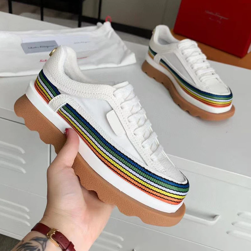 

Designer Brand White Leather Women’s Platform Capsule Collection Sneaker Rainbow Ribbon Details Around Shuttle Fabric