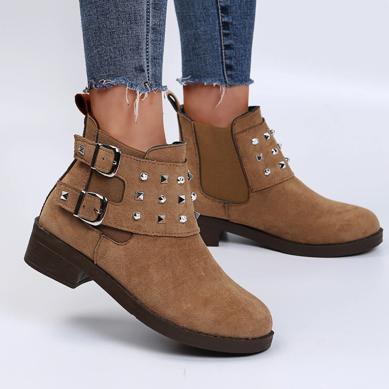 

Женские замшевые ботинки с двойной пряжкой, на блочном каблуке, размеры 36-43