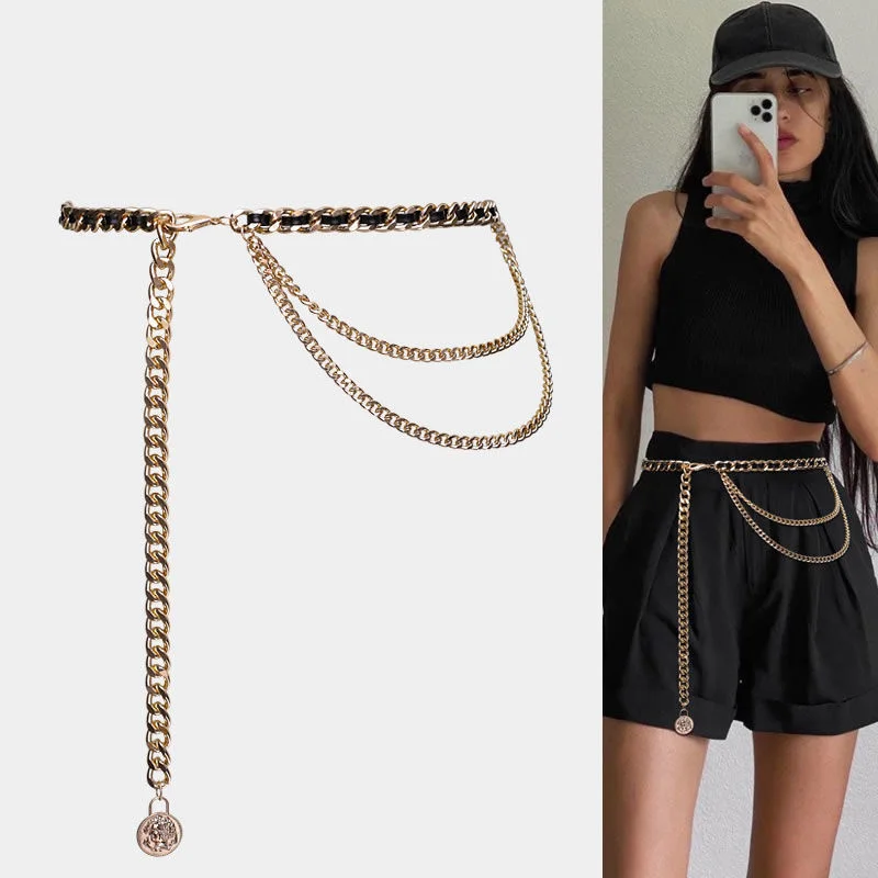 

MYMC Metal Waist Chain Leather Belt for Dress Skirt Luxury Woman Girls WaistBands Gold Silver Decorative Dress Quality Belts