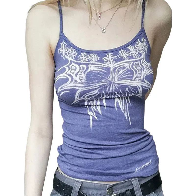 

Women Gothic Graphic Print Camisole Spaghetti Straps Sleeveless Vintage Tank Tops Female Slim Fit Crop Tops Summer Y2K Fairycore