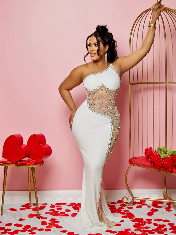 

One Shoulder Love Evening Dress Mesh Perspective Hot Diamond Strap Long Dress Women Fashion Sexy Banquet Party Matching Skirt