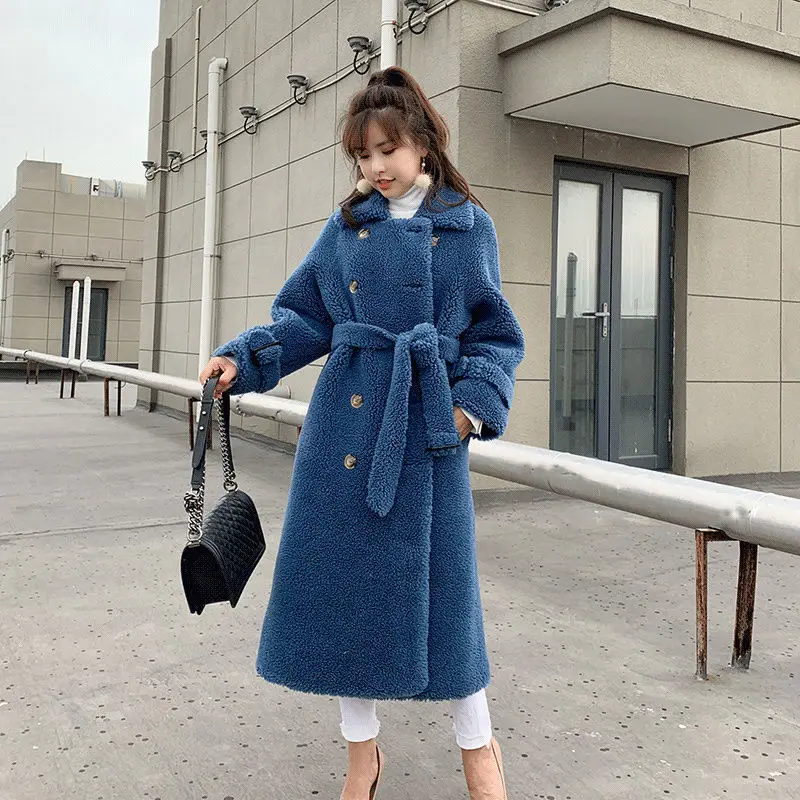 Women Winter Long Genuine Fur Sheepskin Coats Ladies Double Breasted Wool Outwear Female Thick Warm Sheep Shearing Jacket E644