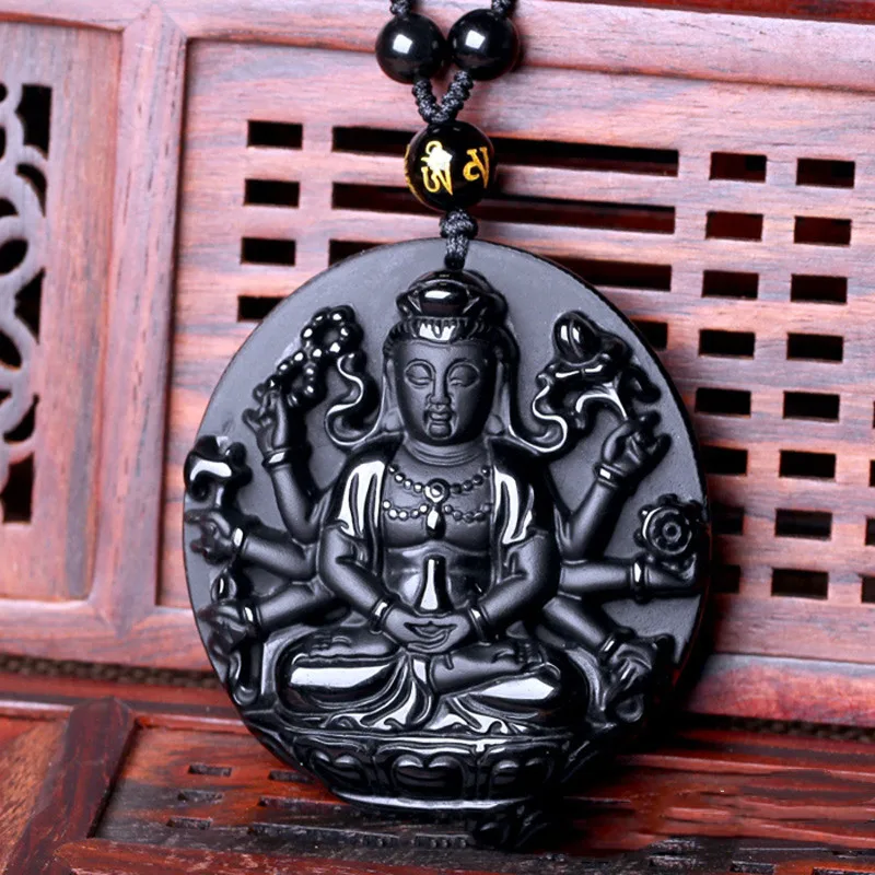 

Natural Obsidian Round Brand Thousand Hand Guanyin Pendant for Men and Women Chinese Zodiac Rat Life Buddha Guardian God Pendant