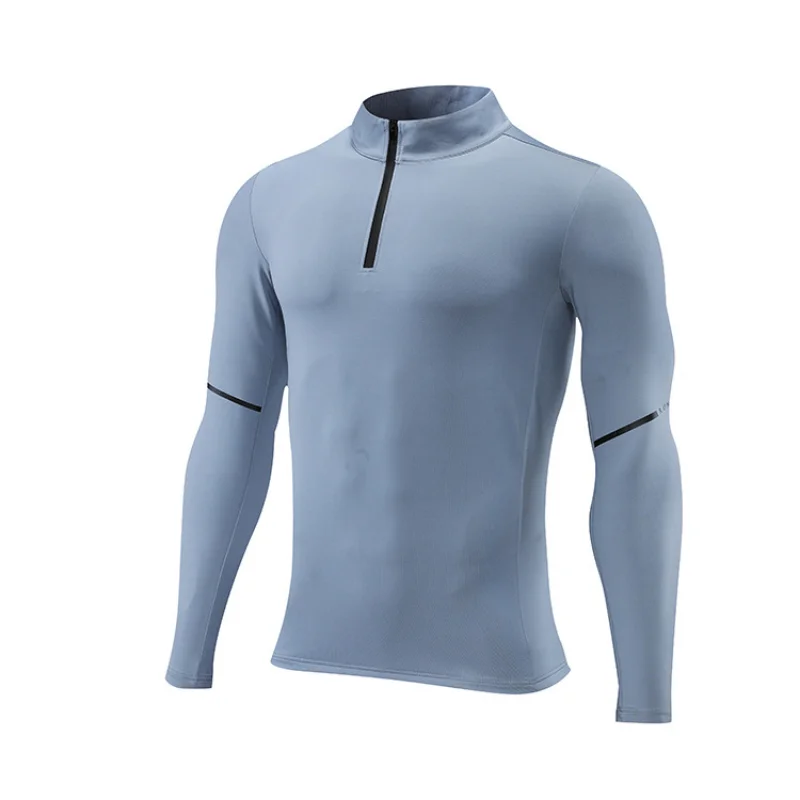 LU Gym T-shirts Man Long Sleeve with Zipper Quick Dry Training Sport Top Fitness High Elastic Muscle Stand Collar Golf Wear